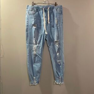 Blue Skinny Distressed Jeans with Elastic Cuffs